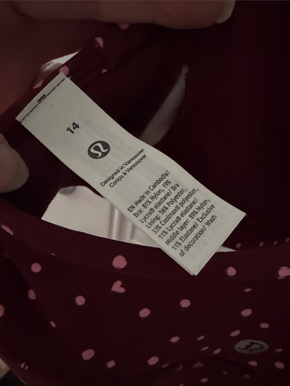 NWT size 14 - lululemon athletica Flow Y Nulu Bra A-C Burgundy Hearts Polka Dot - Picture 5 of 6